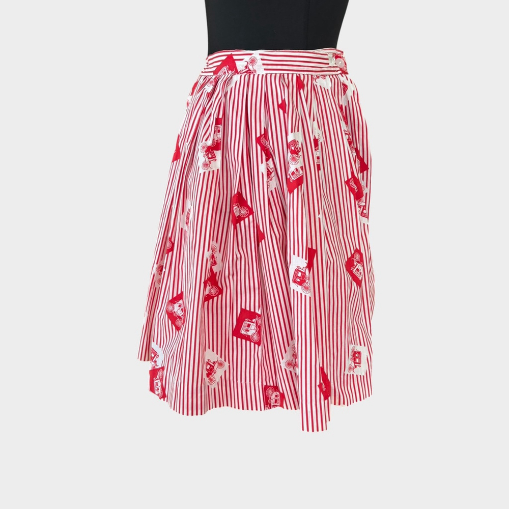 Vintage 1950s Red White Stripe Carriage Print Circle Skirt XXS XS - Picture 4 of 8